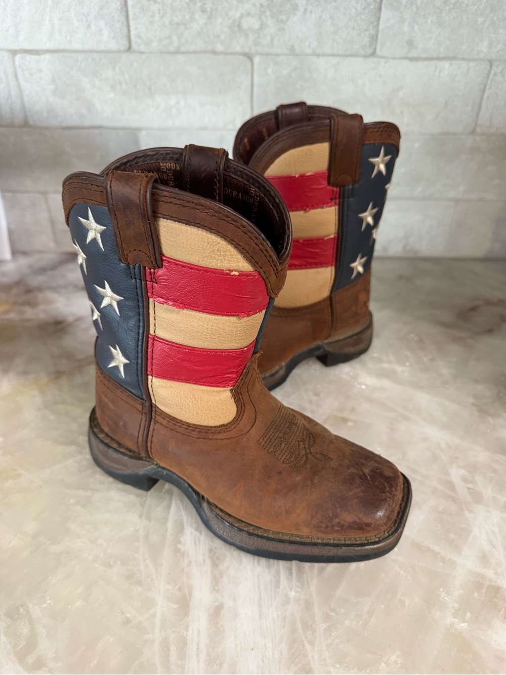 Durango Kids Brown Cowboy Boots with Red, White, and Blue Flag Shaft